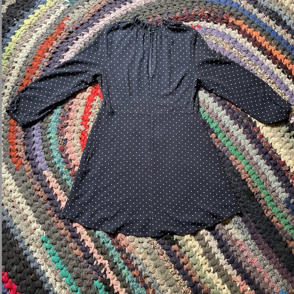 Navy Blue with White Polka Dot Long Sleeved Flare Dress - Picture 2 of 6